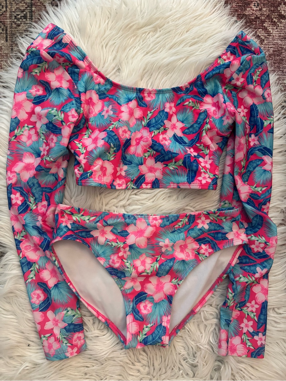 art class Pink Tropical Print Long Sleeve Bikini Top & Bottom